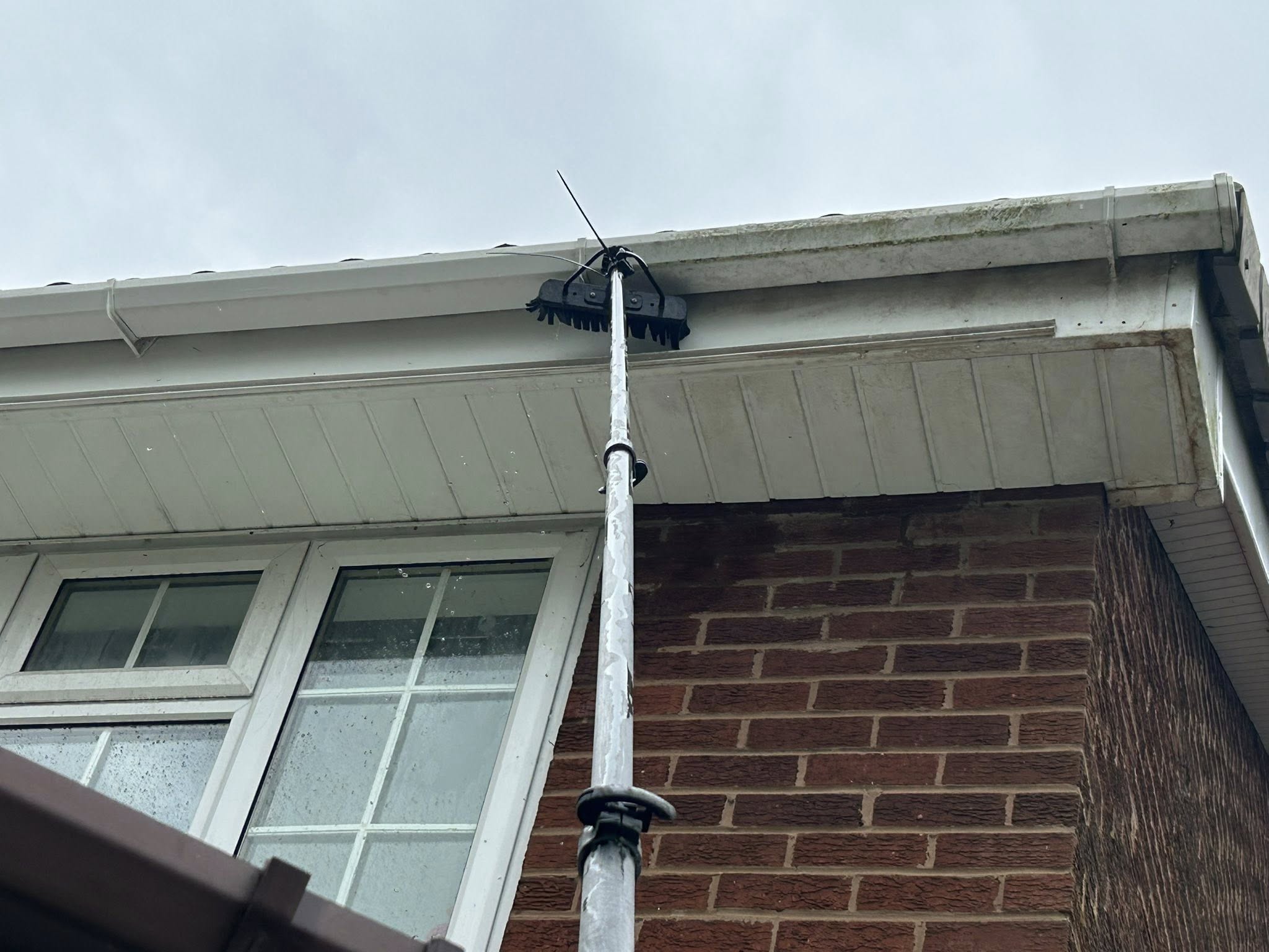 Gutter and fascia being cleaned with a water-fed pole