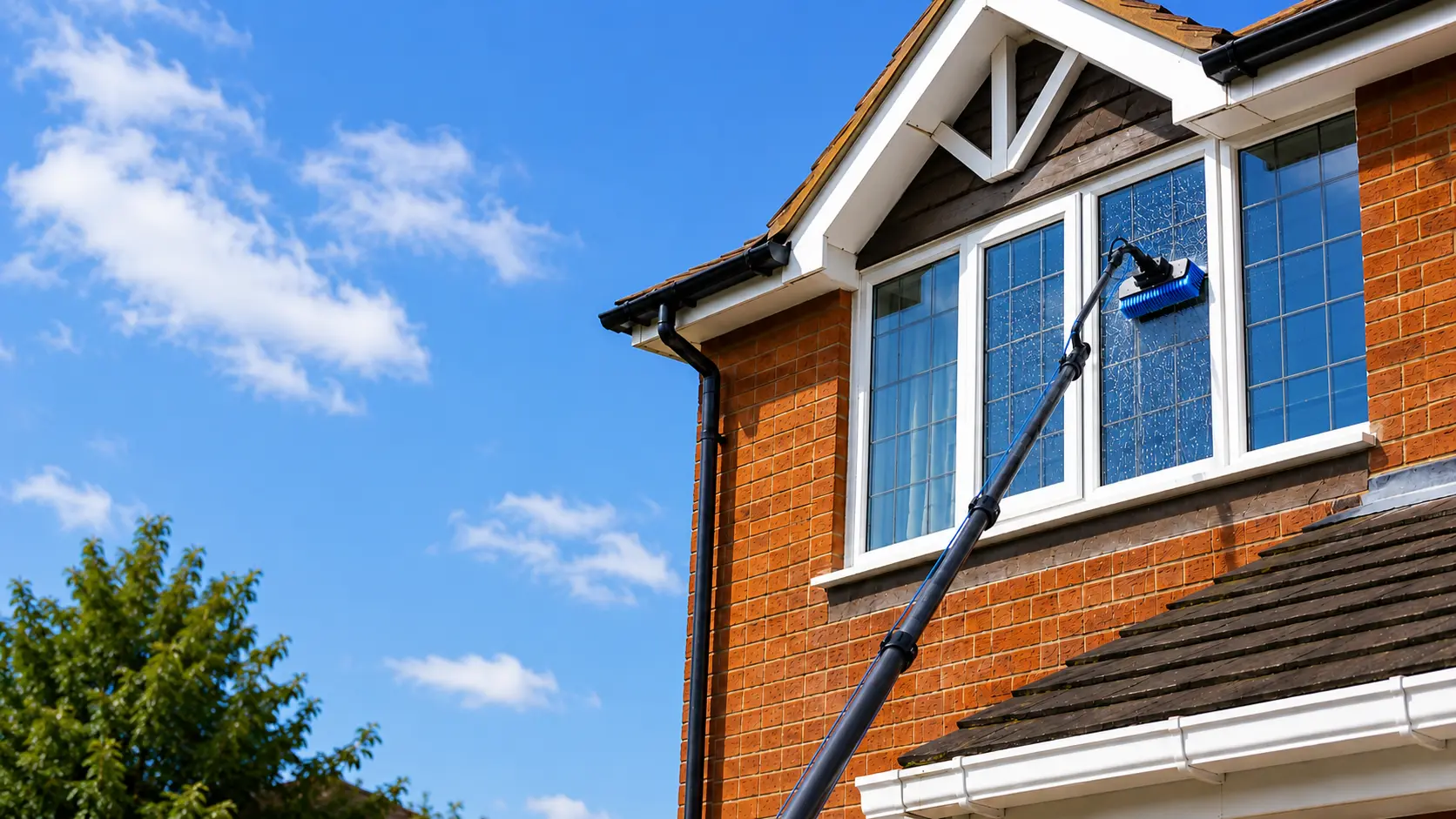High windows being cleaned with a water-fed pole